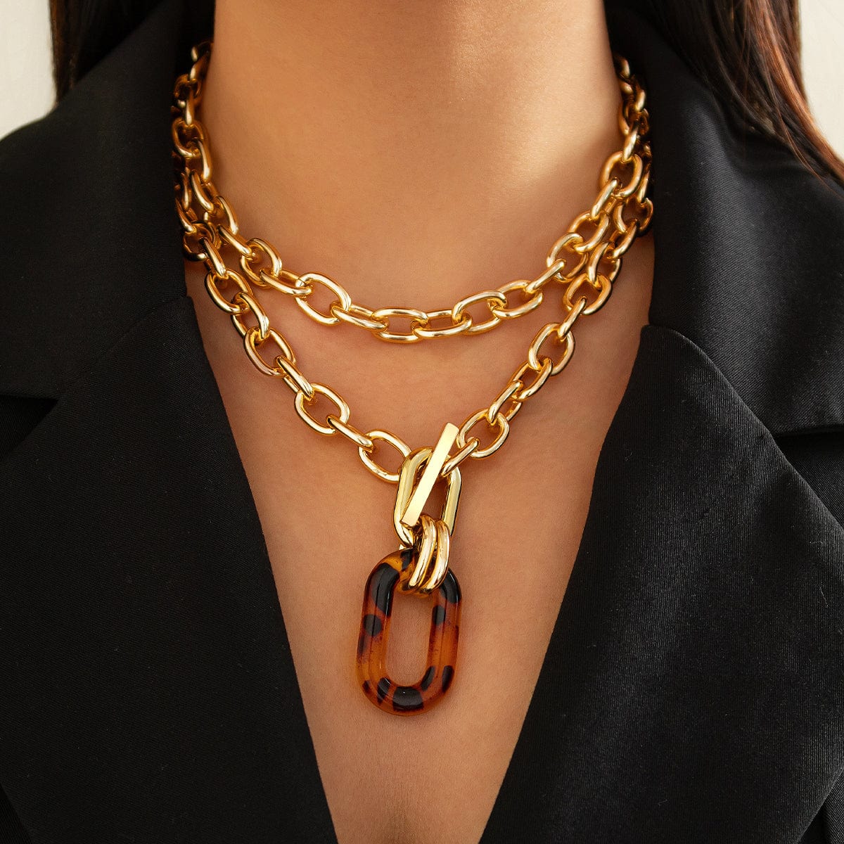 Classic 2pcs Chunky Leopard Hoop Pendant Curb Chain Necklace Set