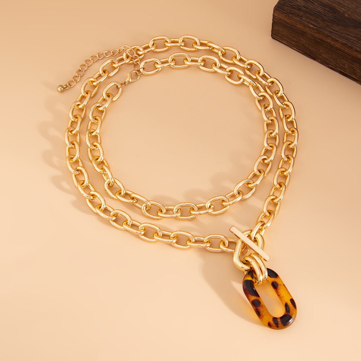 Classic 2pcs Chunky Leopard Hoop Pendant Curb Chain Necklace Set