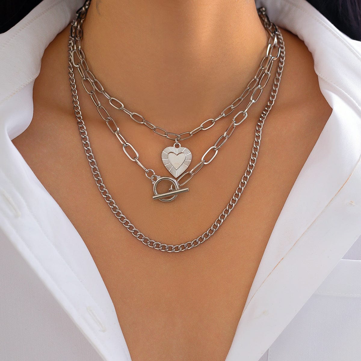 Classic 3pcs Gold Silver Plated Heart Pendant Curb Chain Necklace Set