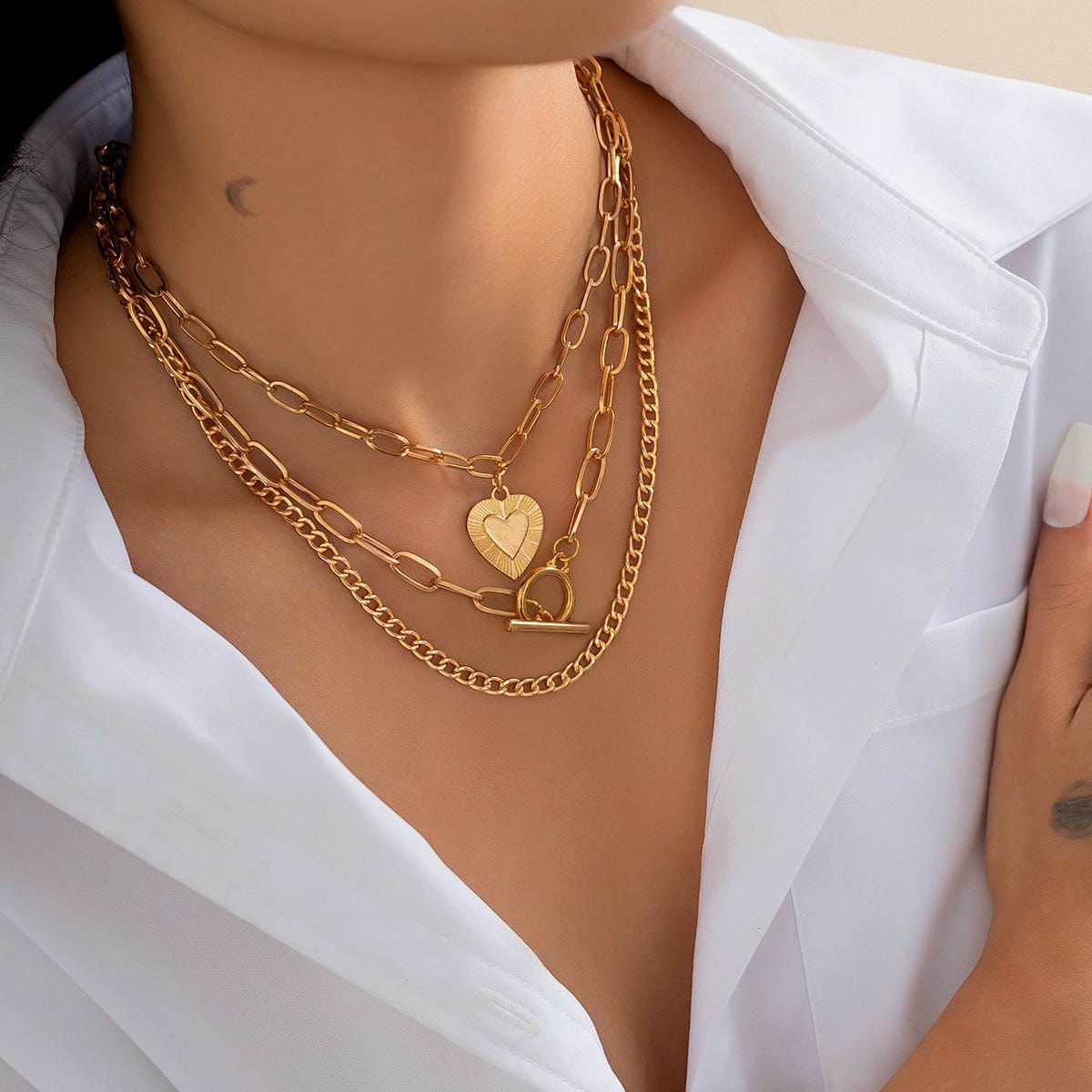 Classic 3pcs Gold Silver Plated Heart Pendant Curb Chain Necklace Set