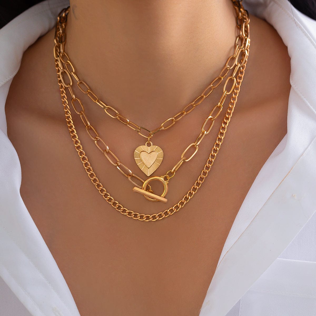 Classic 3pcs Gold Silver Plated Heart Pendant Curb Chain Necklace Set