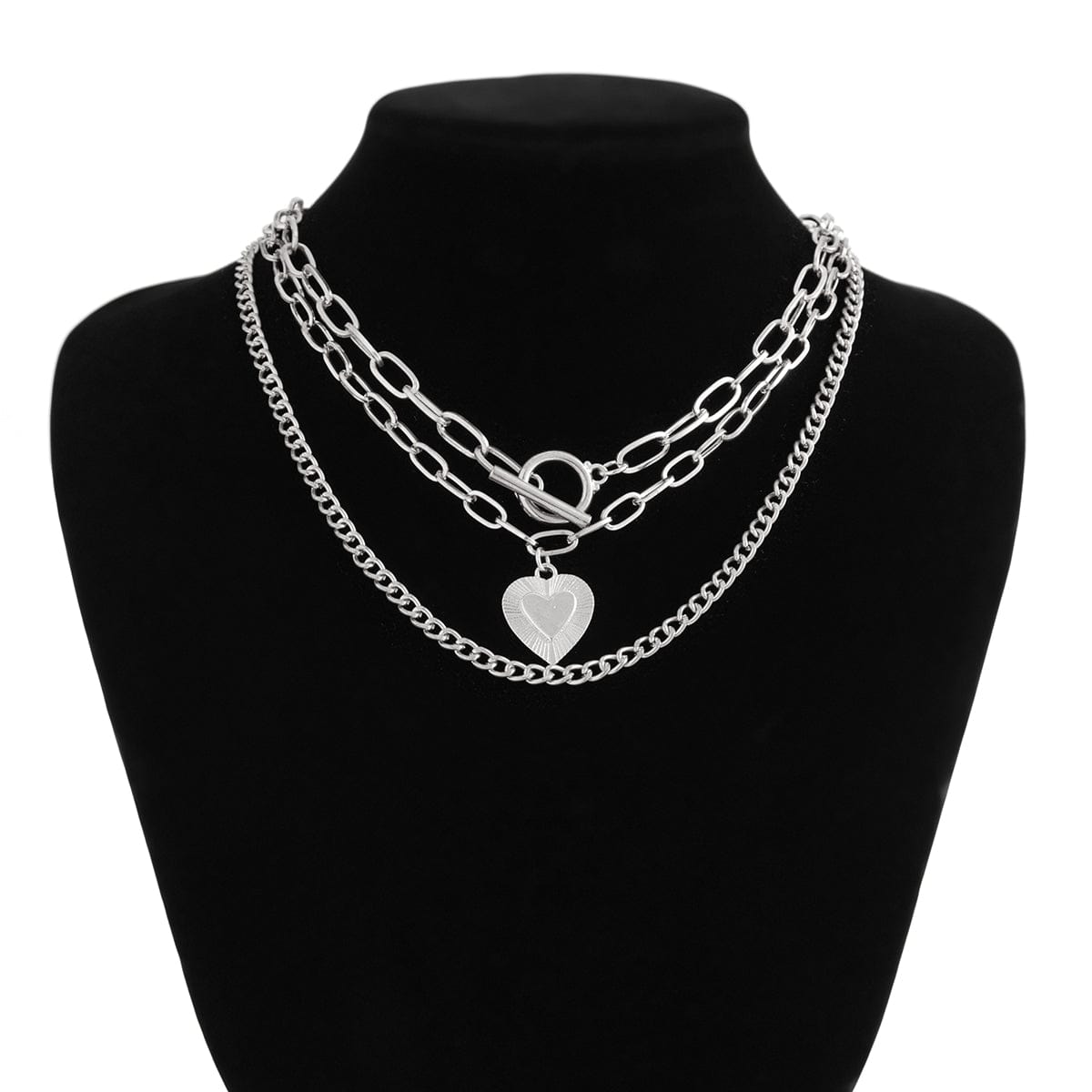 Classic 3pcs Gold Silver Plated Heart Pendant Curb Chain Necklace Set