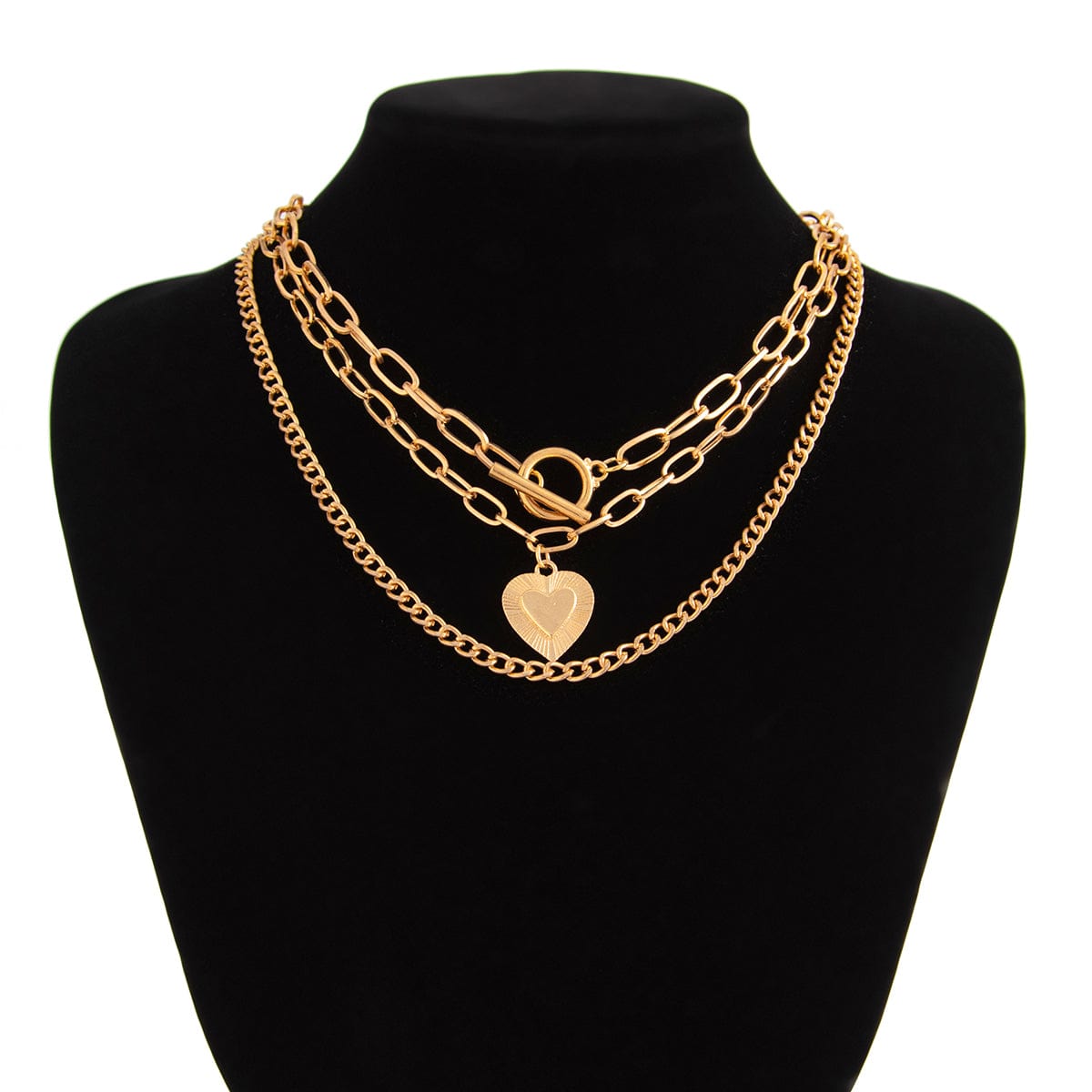 Classic 3pcs Gold Silver Plated Heart Pendant Curb Chain Necklace Set