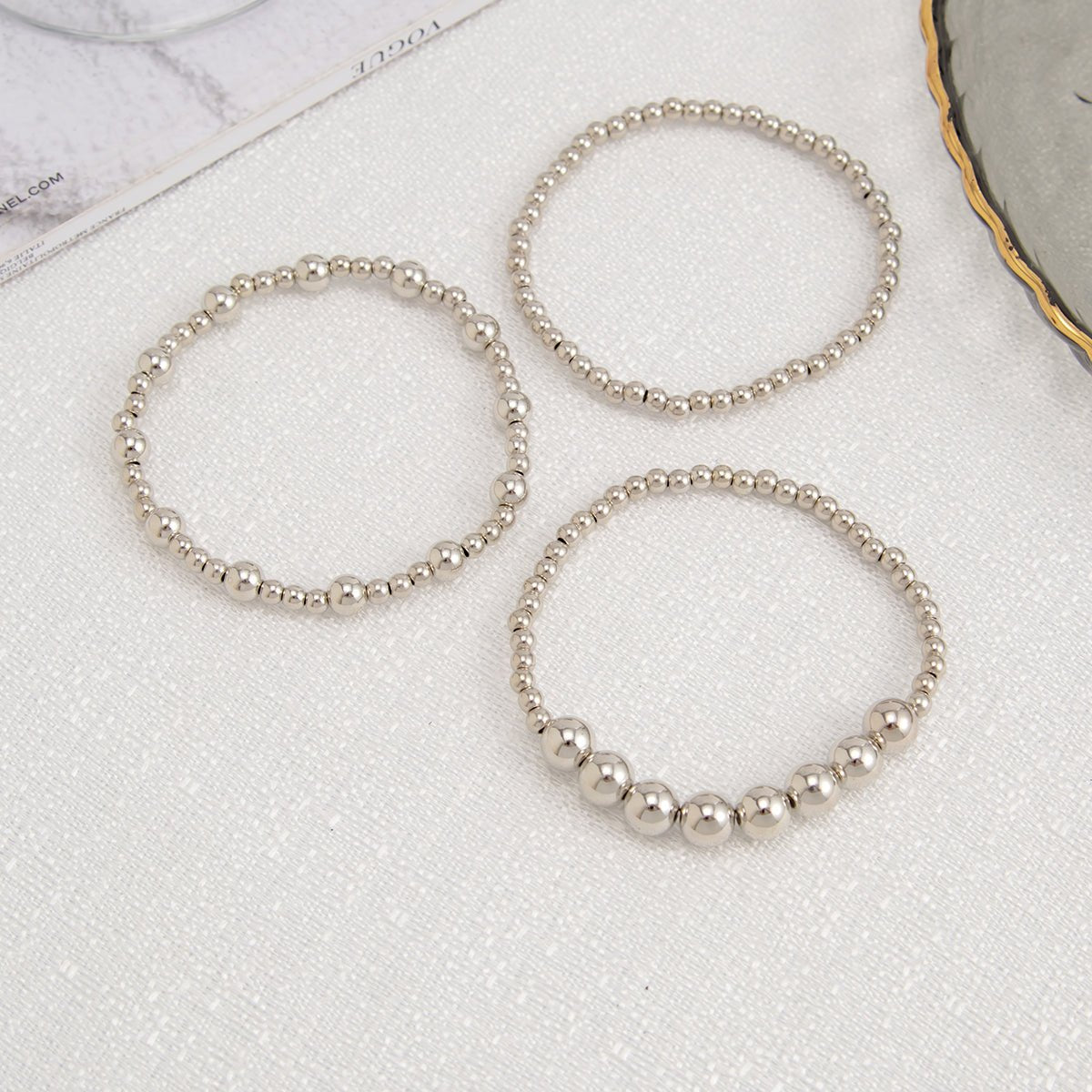 Classic 3pcs Gold Silver Tone Ball Chain Bracelet Set - ArtGalleryZen