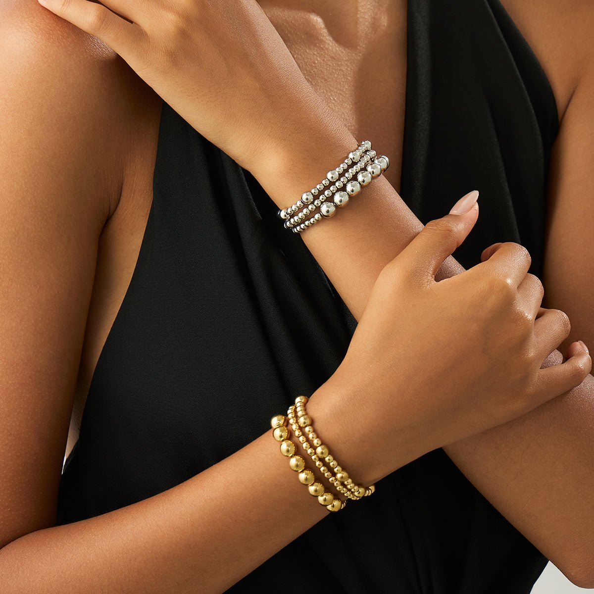 Classic 3pcs Gold Silver Tone Ball Chain Bracelet Set - ArtGalleryZen