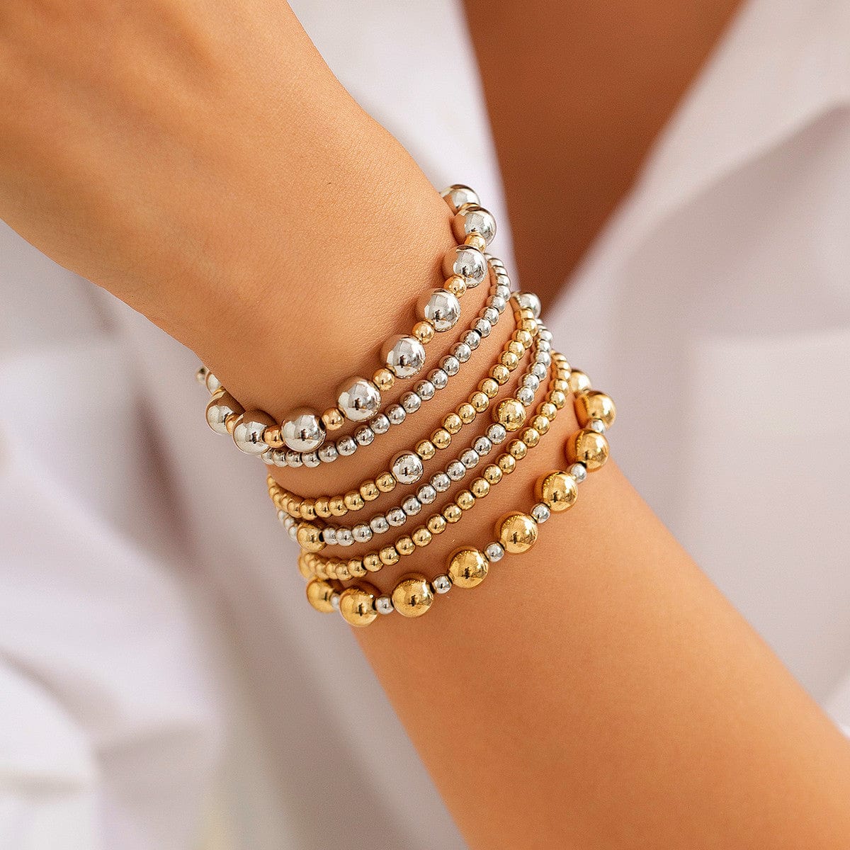 Classic 6 Pcs Two Tone Ball Chain Stackable Bracelet Set