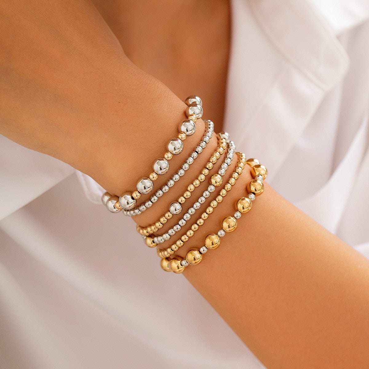 Classic 6 Pcs Two Tone Ball Chain Stackable Bracelet Set