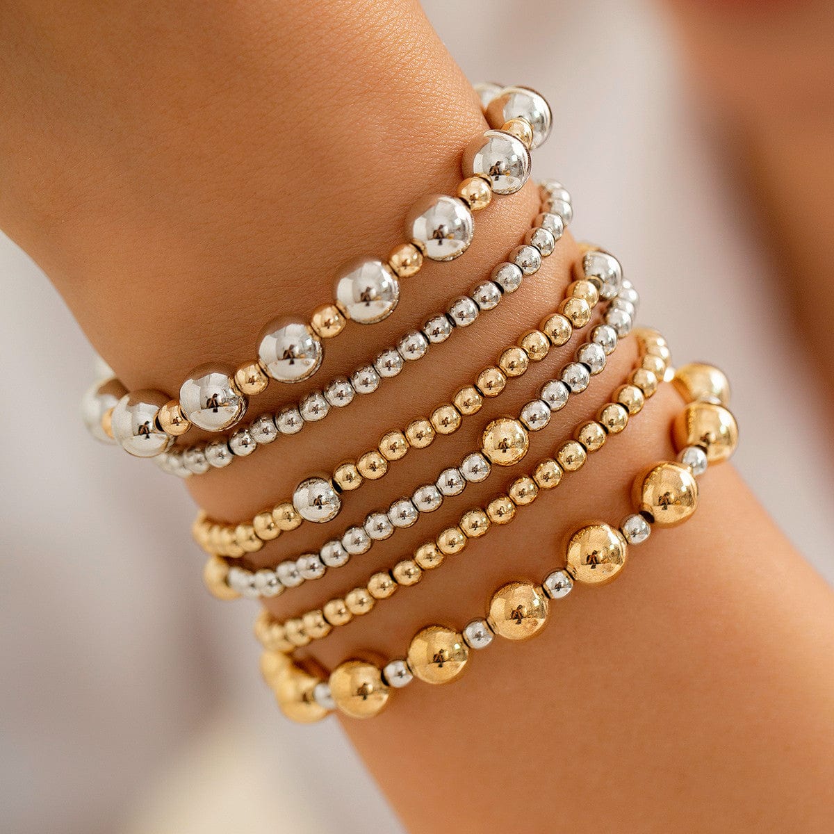 Classic 6 Pcs Two Tone Ball Chain Stackable Bracelet Set