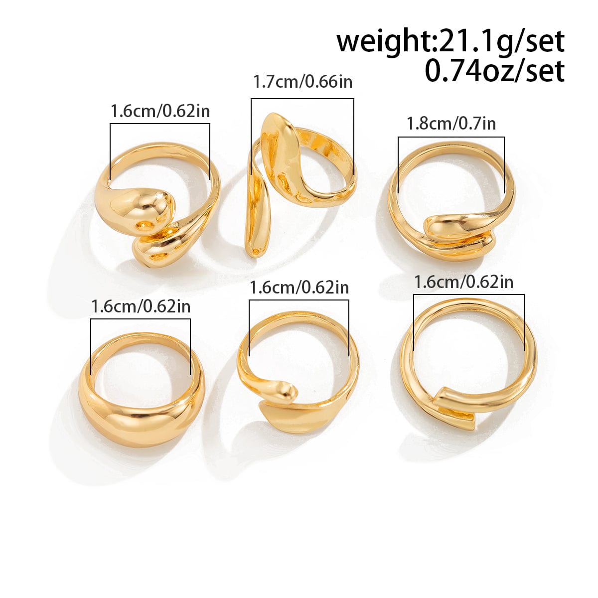 Classic 6pcs Gold Silver Plated Irregular Waterdrop Ring Set