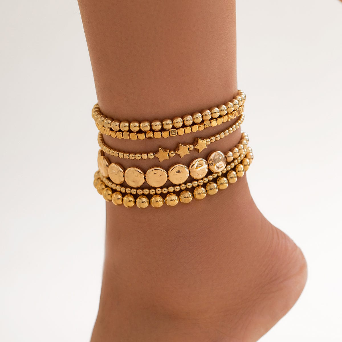 Classic 6pcs Star Round Disk Ball Chain Anklet Set