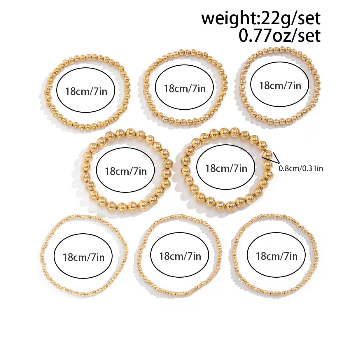 Classic 8pcs Gold Silver Tone Ball Chain Bracelet Set