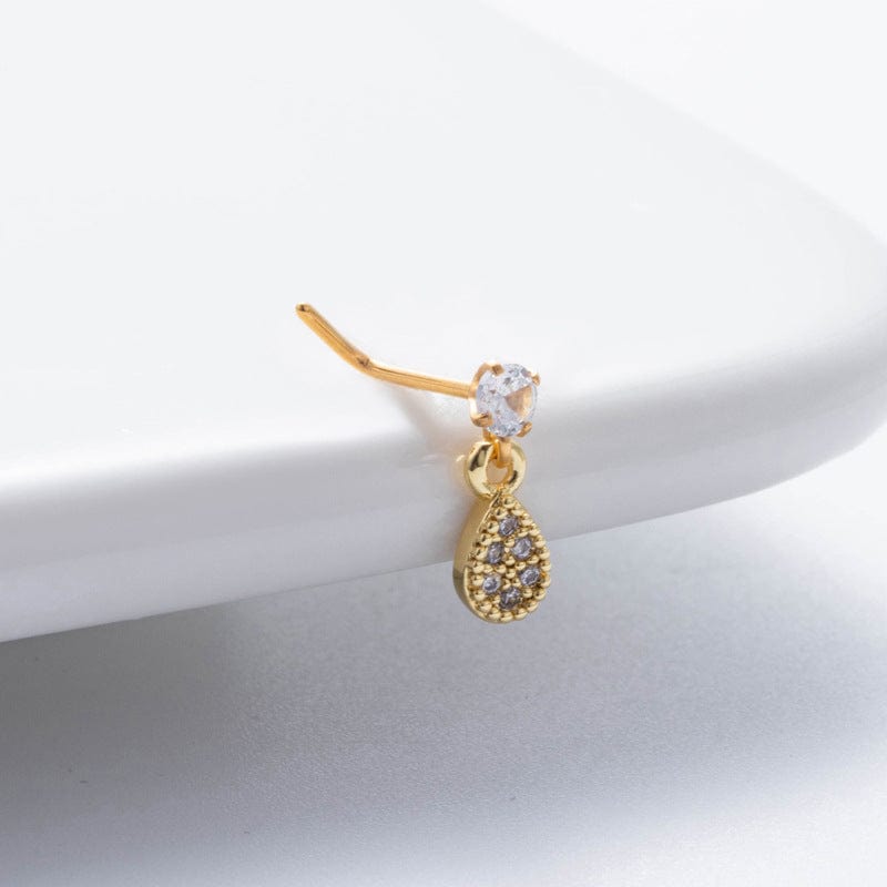 Classic CZ Inlaid Waterdrop Square Dangle Stainless Steel Nose Piercing Nose Stud - ArtGalleryZen