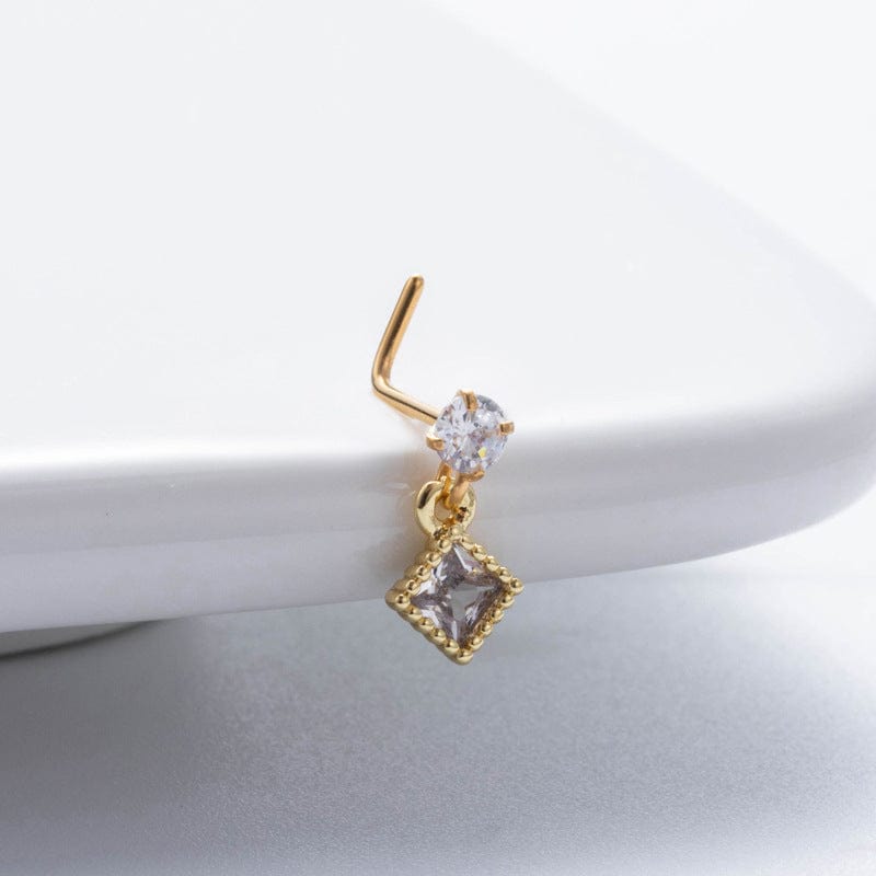 Classic CZ Inlaid Waterdrop Square Dangle Stainless Steel Nose Piercing Nose Stud - ArtGalleryZen