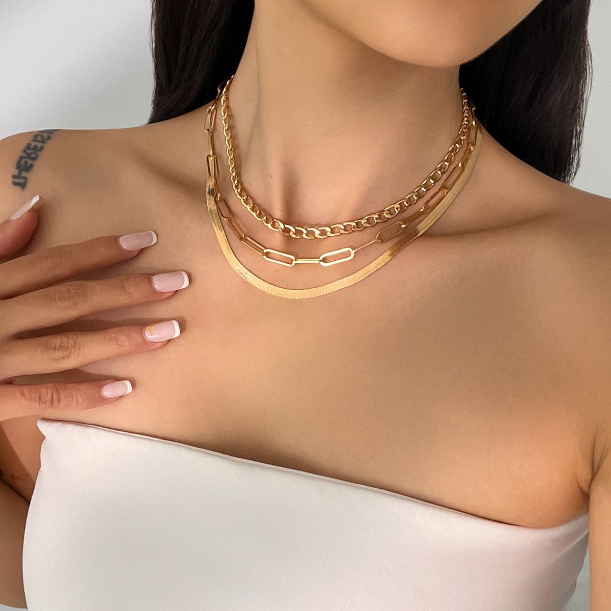 Classic Layered Curb Herringbone Chain Necklace Set - ArtGalleryZen