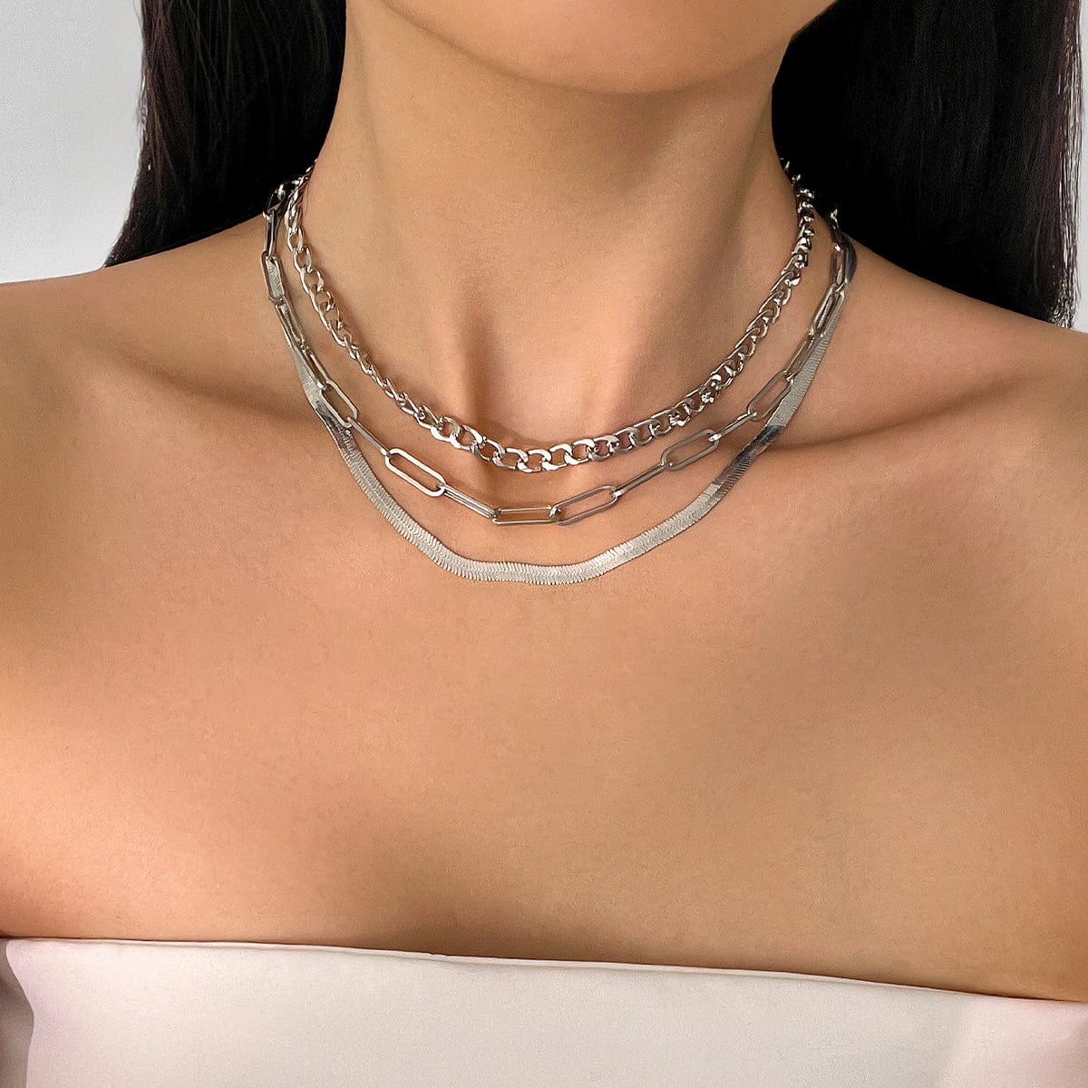 Classic Layered Curb Herringbone Chain Necklace Set - ArtGalleryZen
