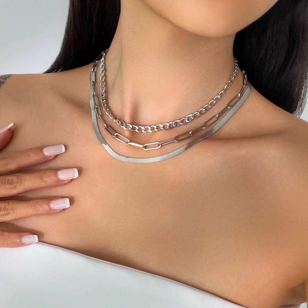 Classic Layered Curb Herringbone Chain Necklace Set - ArtGalleryZen