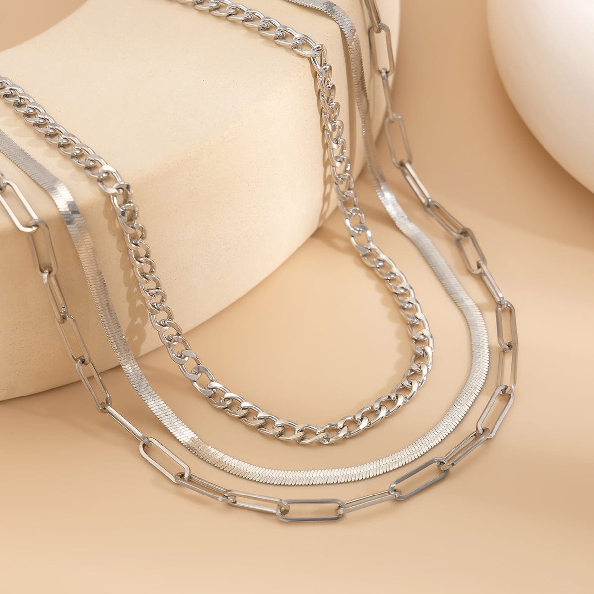 Classic Layered Curb Herringbone Chain Necklace Set - ArtGalleryZen