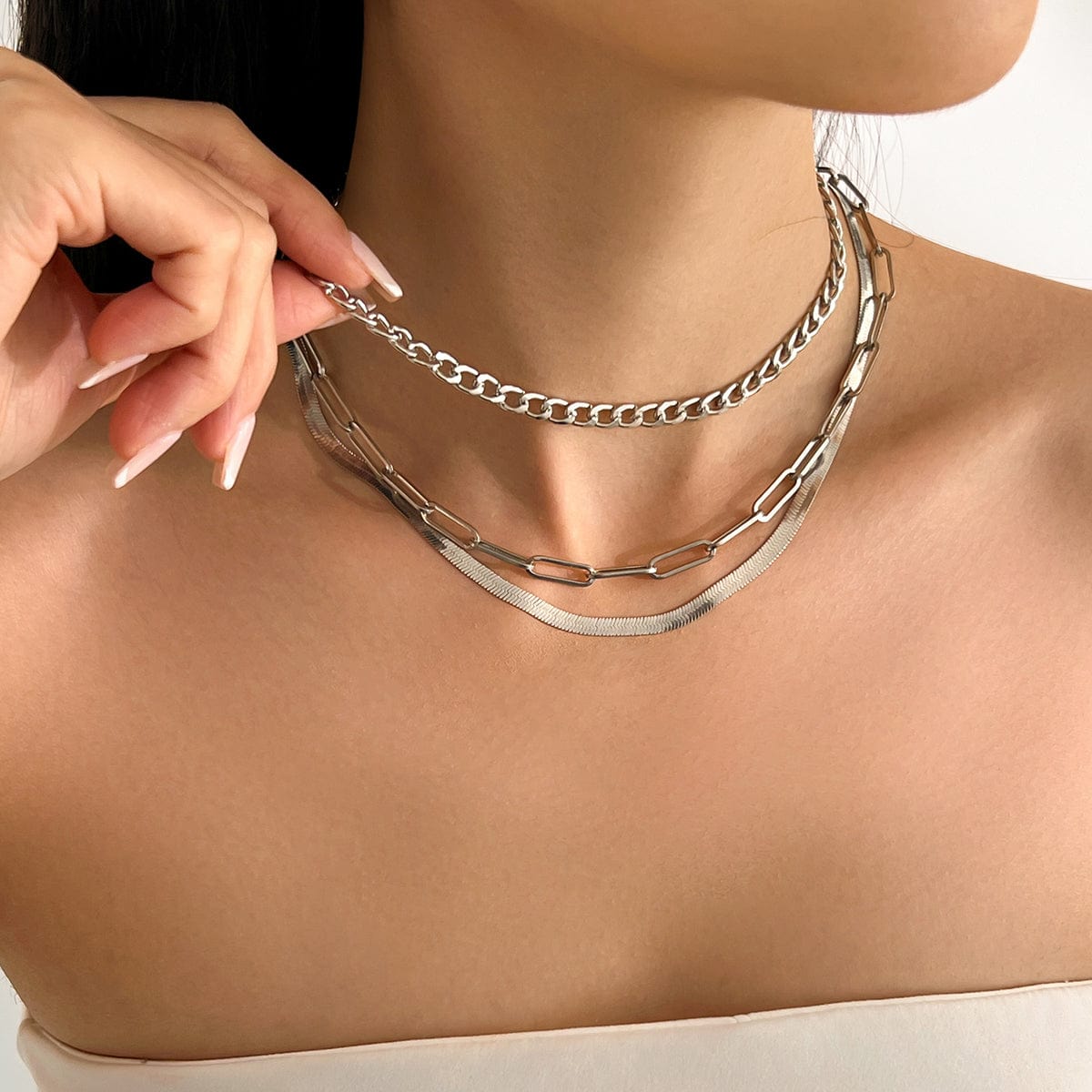Classic Layered Curb Herringbone Chain Necklace Set - ArtGalleryZen