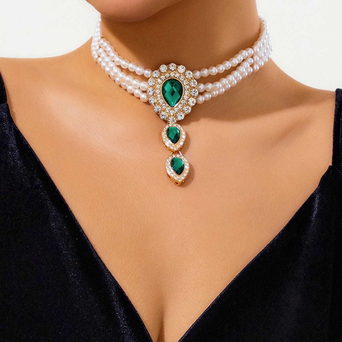 Classic Layered Emerald CZ Inlaid Waterdrop Pendant Pearl Chain Choker Necklace - ArtGalleryZen