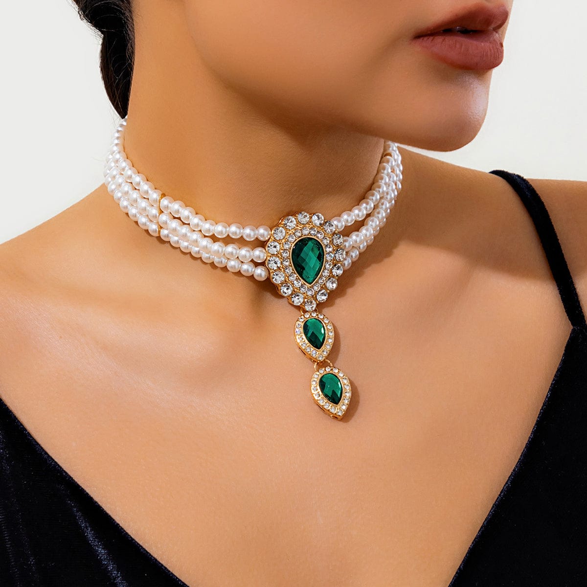 Classic Layered Emerald CZ Inlaid Waterdrop Pendant Pearl Chain Choker Necklace - ArtGalleryZen