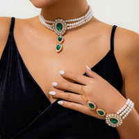 Thumbnail for Classic Layered Emerald CZ Inlaid Waterdrop Pendant Pearl Chain Choker Necklace - ArtGalleryZen