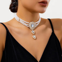 Thumbnail for Classic Layered Emerald CZ Inlaid Waterdrop Pendant Pearl Chain Choker Necklace - ArtGalleryZen