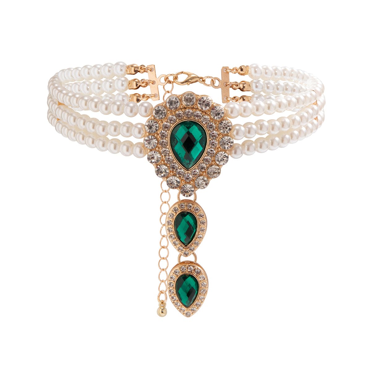 Classic Layered Emerald CZ Inlaid Waterdrop Pendant Pearl Chain Choker Necklace - ArtGalleryZen