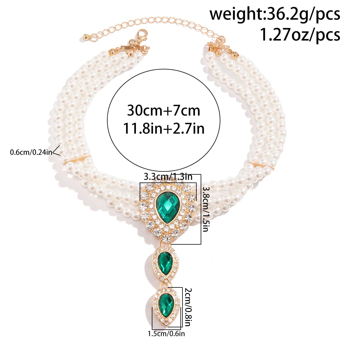 Classic Layered Emerald CZ Inlaid Waterdrop Pendant Pearl Chain Choker Necklace - ArtGalleryZen