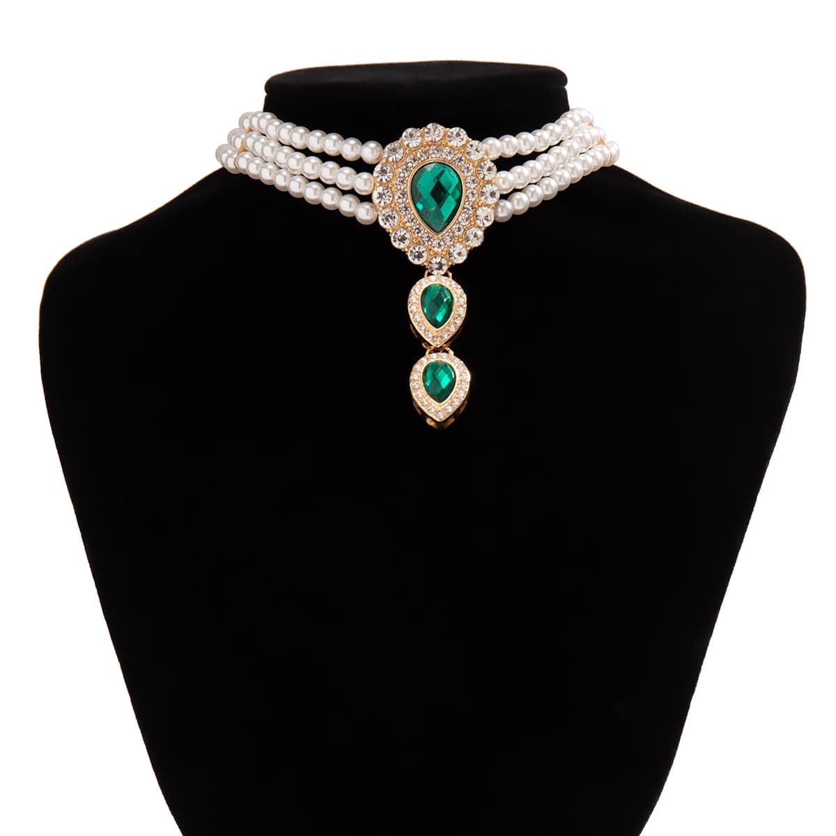 Classic Layered Emerald CZ Inlaid Waterdrop Pendant Pearl Chain Choker Necklace - ArtGalleryZen