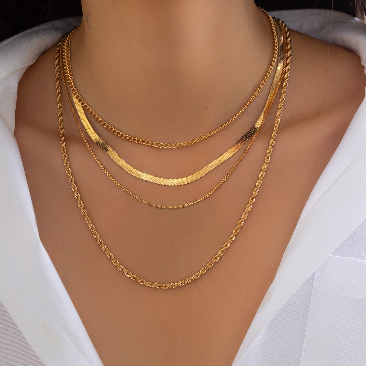 Classic Layered Gold Silver Plated Rope Snake Box Chain Necklace Set