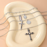 Thumbnail for Classic Layered Gold Silver Tone Pattern Round Disk Cross Pendant Y Necklace Set - ArtGalleryZen