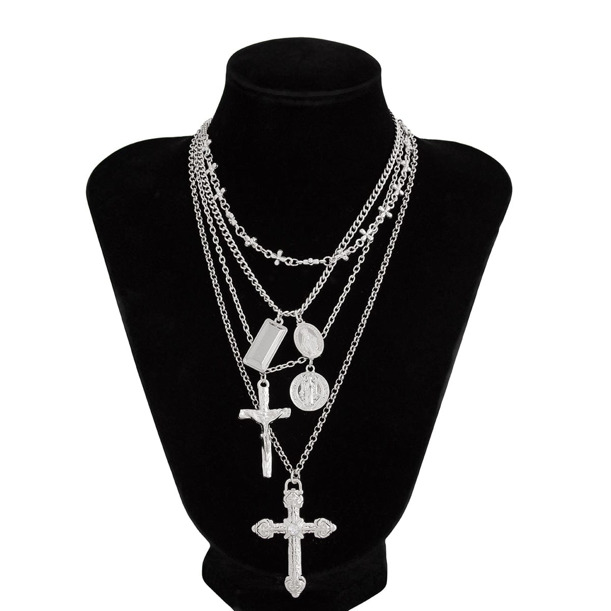 Classic Layered Gold Silver Tone Pattern Round Disk Cross Pendant Y Necklace Set - ArtGalleryZen