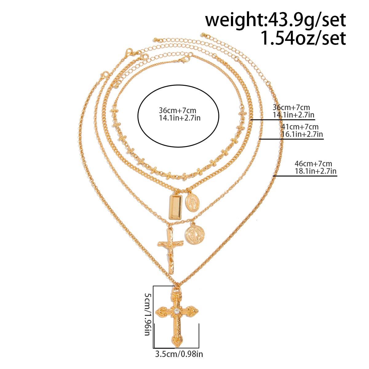 Classic Layered Gold Silver Tone Pattern Round Disk Cross Pendant Y Necklace Set - ArtGalleryZen