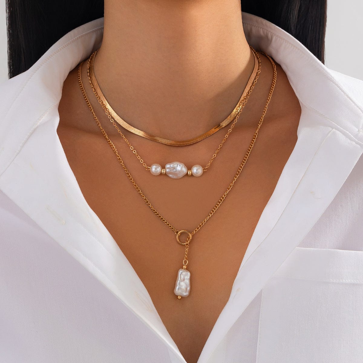 Classic Layered Irregular Pearl Pendant Snake Chain Necklace Set