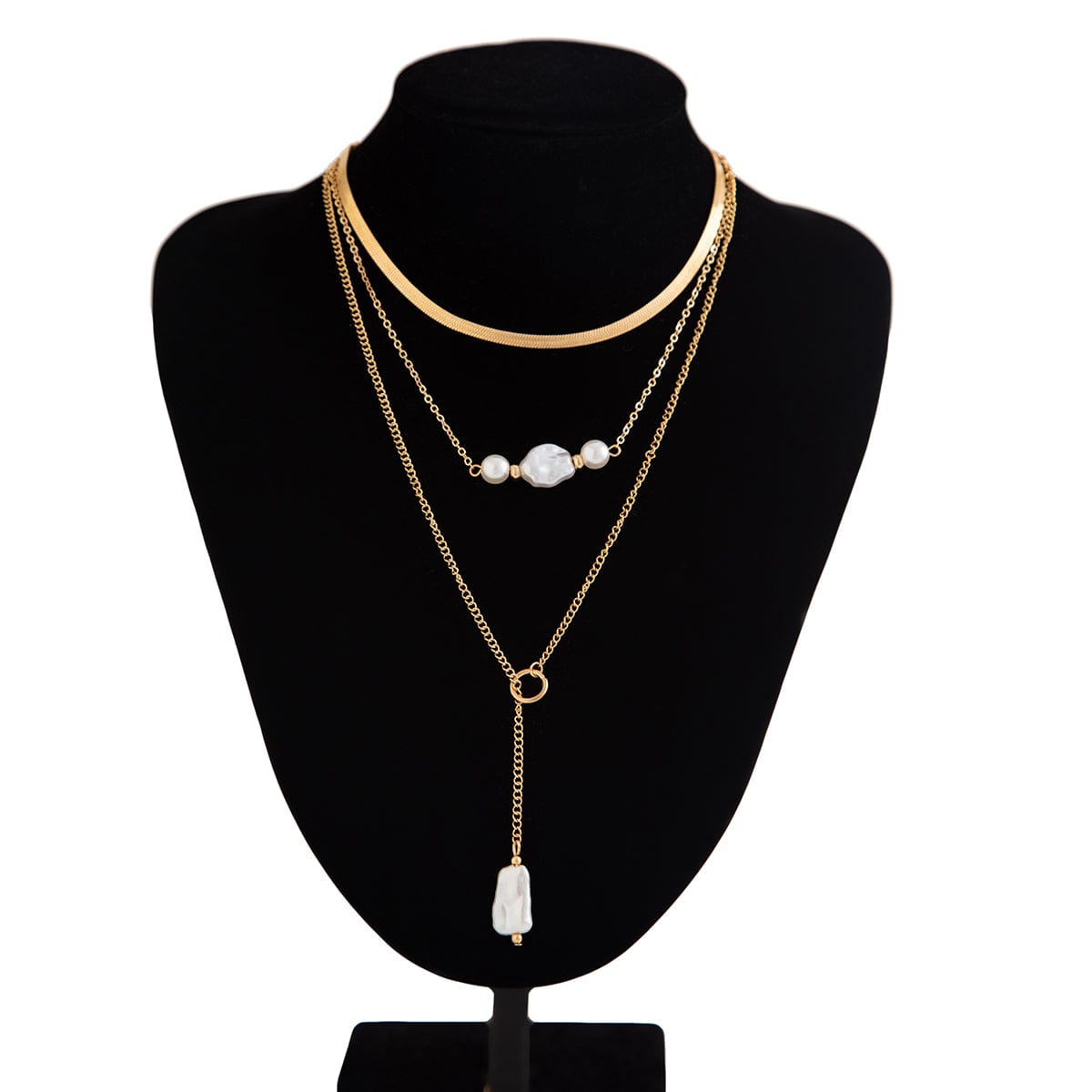 Classic Layered Irregular Pearl Pendant Snake Chain Necklace Set