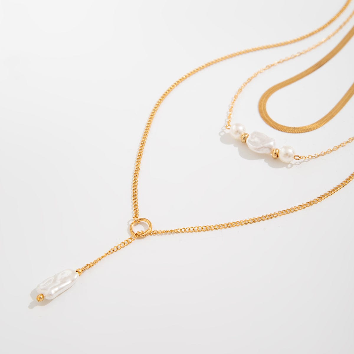 Classic Layered Irregular Pearl Pendant Snake Chain Necklace Set