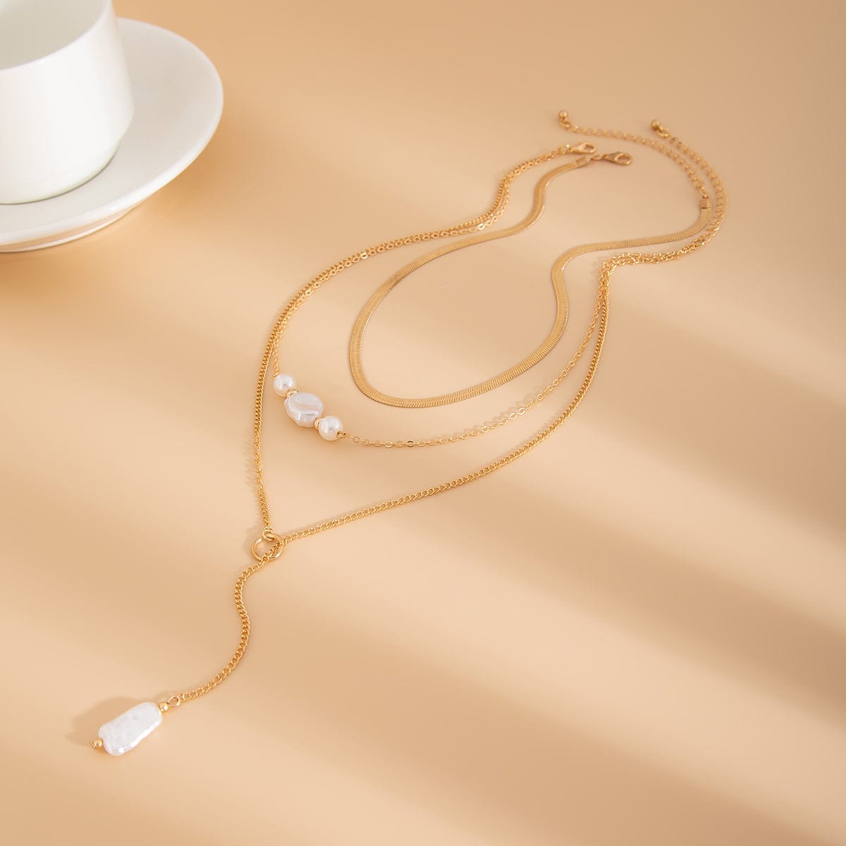 Classic Layered Irregular Pearl Pendant Snake Chain Necklace Set