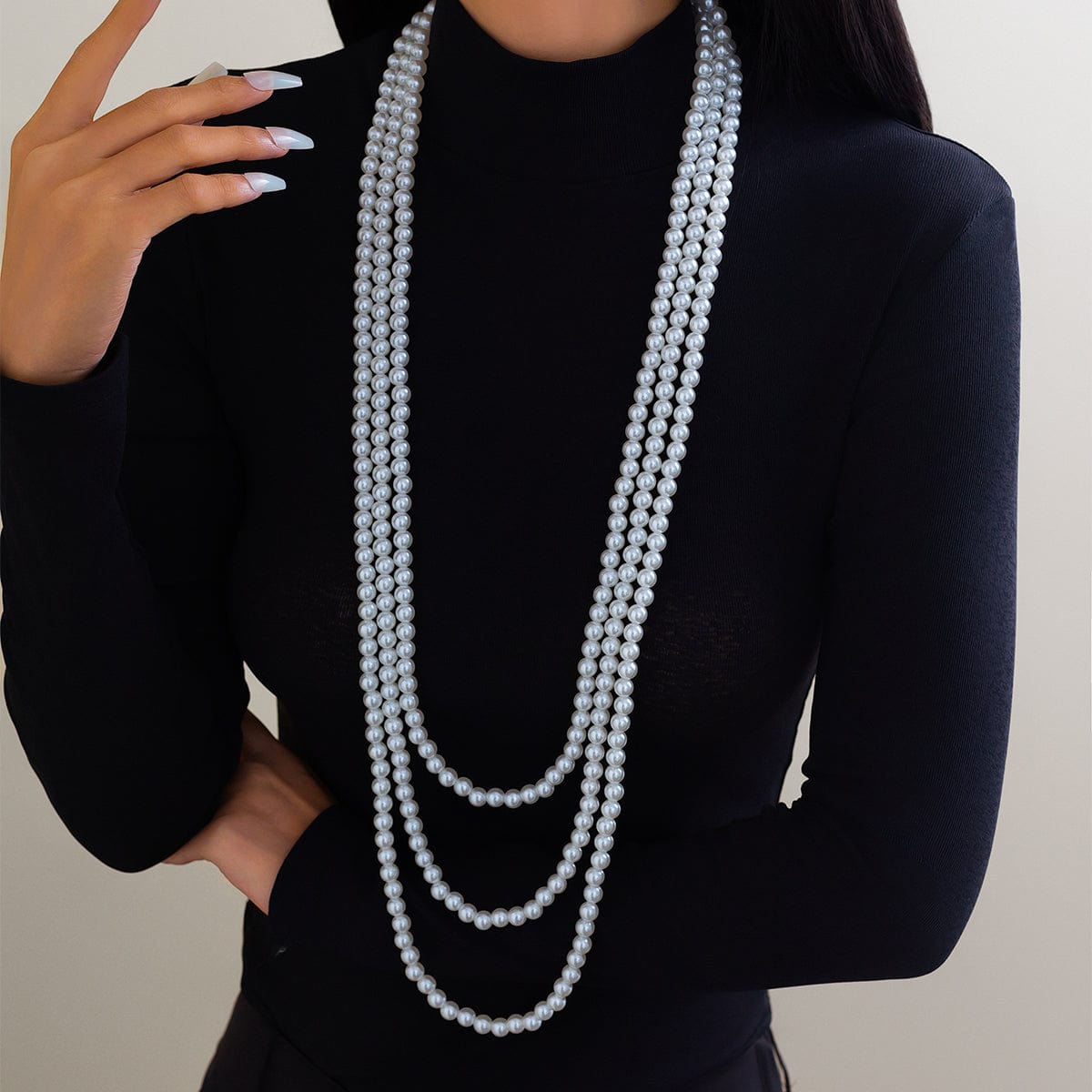 Classic Layered Pearl Long Chain Necklace