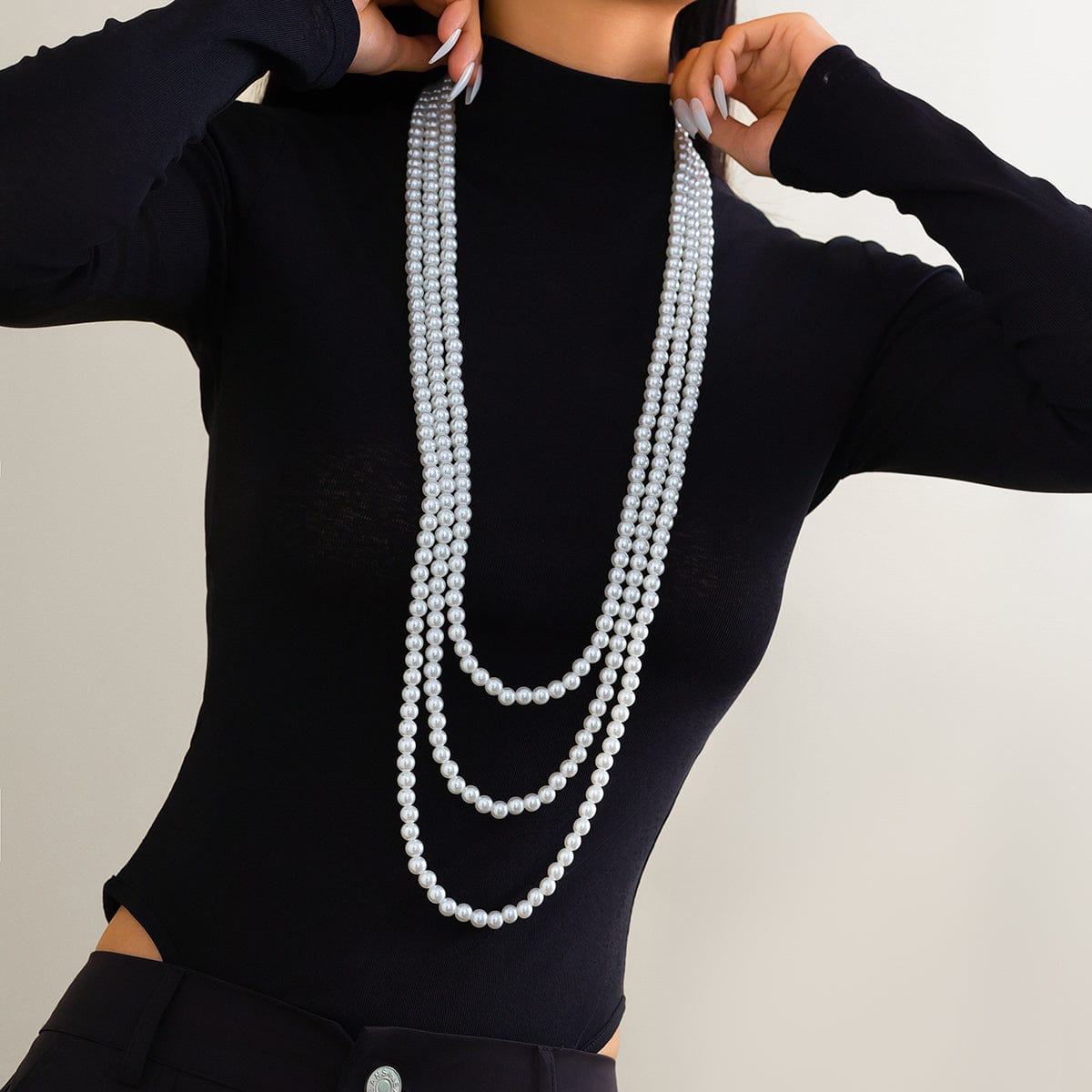 Classic Layered Pearl Long Chain Necklace