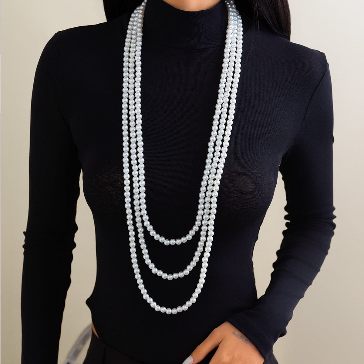 Classic Layered Pearl Long Chain Necklace