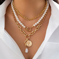 Thumbnail for Classic Layered Toggle Clasp Relief Coin Pendant Pearl Chain Necklace Set