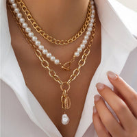 Thumbnail for Classic Layered Toggle Clasp Relief Coin Pendant Pearl Chain Necklace Set