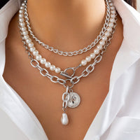 Thumbnail for Classic Layered Toggle Clasp Relief Coin Pendant Pearl Chain Necklace Set