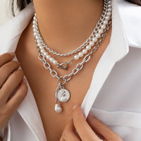 Thumbnail for Classic Layered Toggle Clasp Relief Coin Pendant Pearl Chain Necklace Set