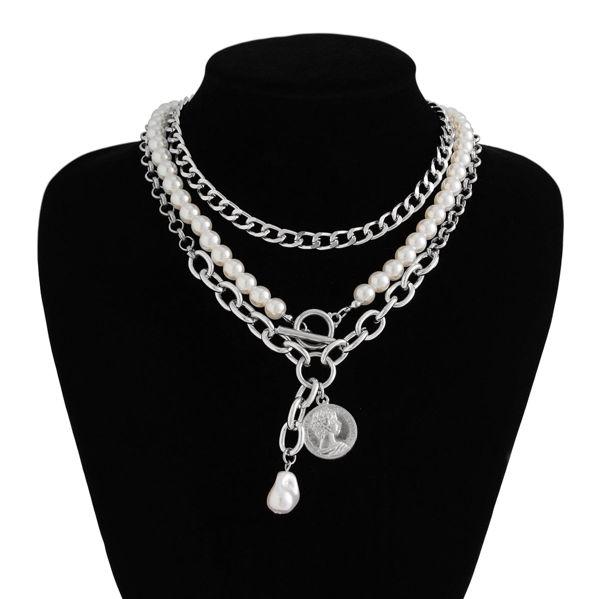 Classic Layered Toggle Clasp Relief Coin Pendant Pearl Chain Necklace Set