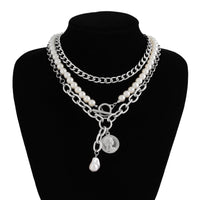 Thumbnail for Classic Layered Toggle Clasp Relief Coin Pendant Pearl Chain Necklace Set