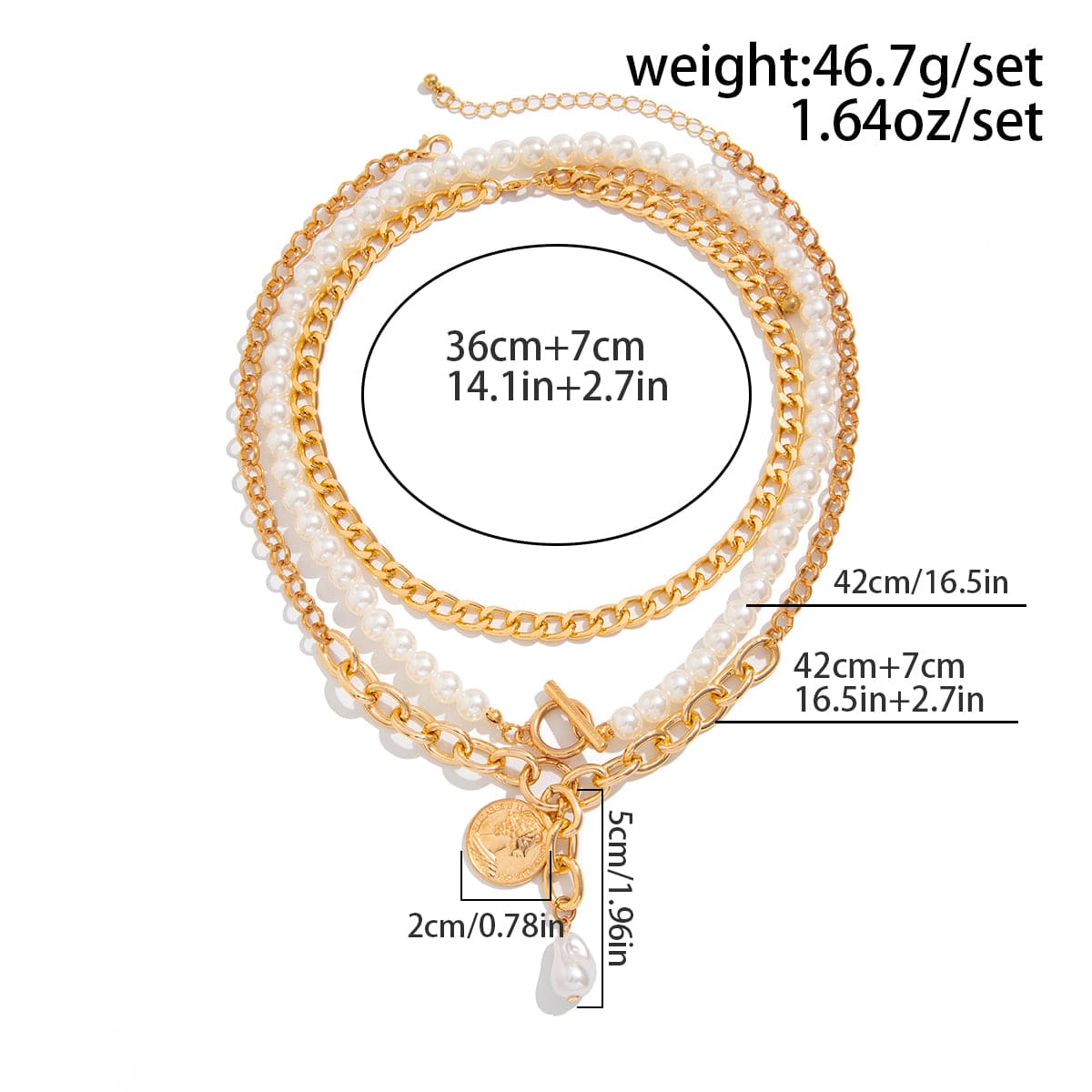 Classic Layered Toggle Clasp Relief Coin Pendant Pearl Chain Necklace Set