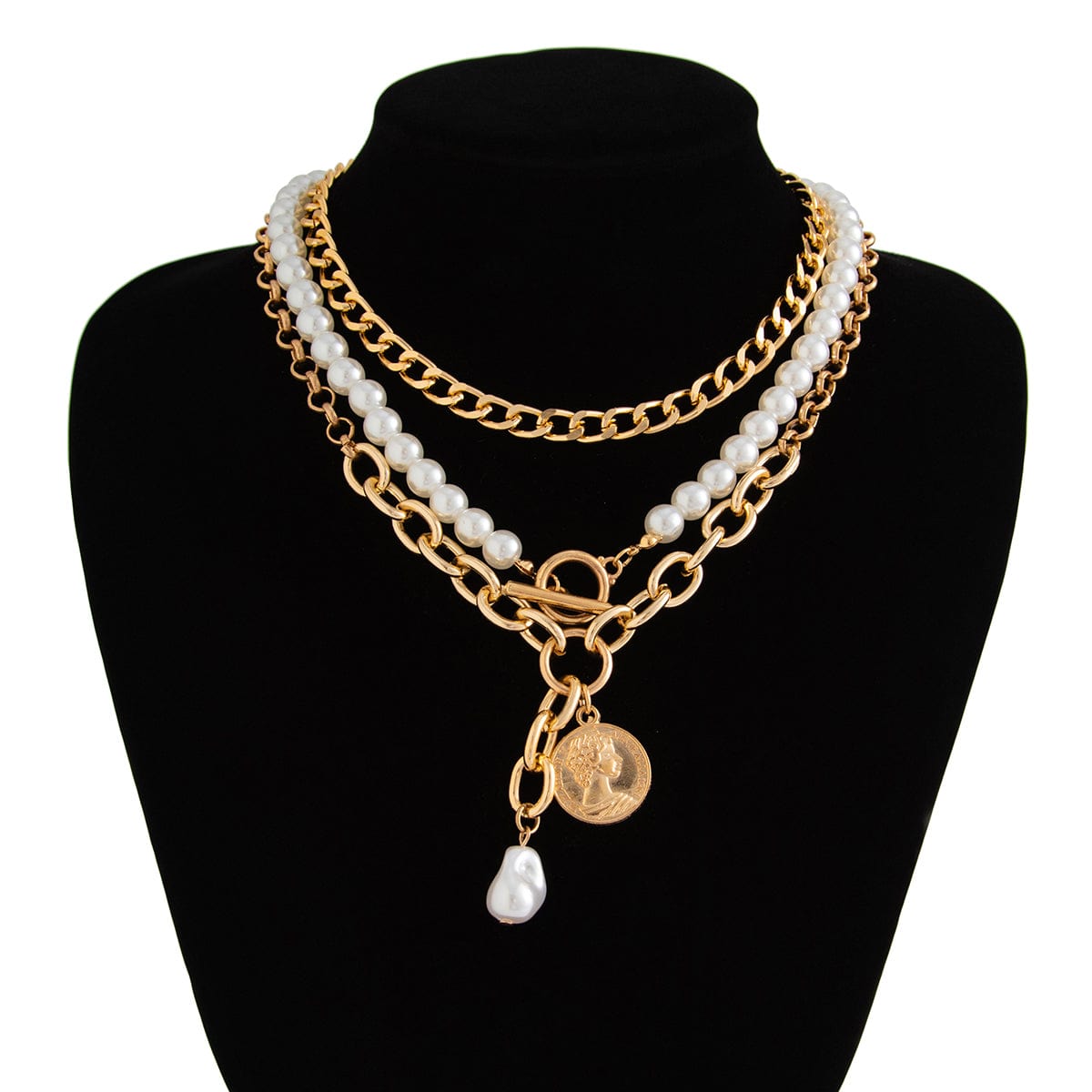 Classic Layered Toggle Clasp Relief Coin Pendant Pearl Chain Necklace Set