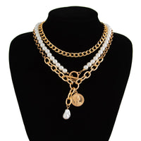 Thumbnail for Classic Layered Toggle Clasp Relief Coin Pendant Pearl Chain Necklace Set