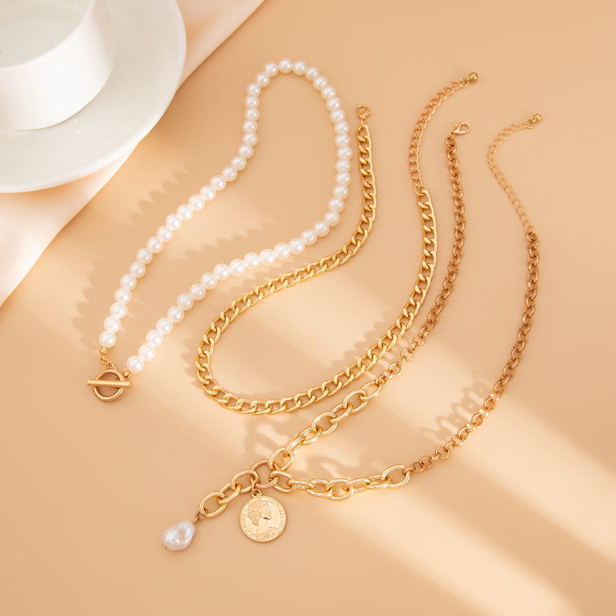 Classic Layered Toggle Clasp Relief Coin Pendant Pearl Chain Necklace Set